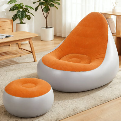 Accent Chair, Inflatable Lounge With Foot Stool PVC Flocking Water Proof Folding Blow Up Couch Inflatable Sofa Chair For Home Camping Orange