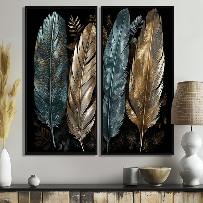 Plumes dorées dorées I - décoration murale moderne 2 panneaux, 32'' H x 32'' W, Impression encadrée flottante, Black