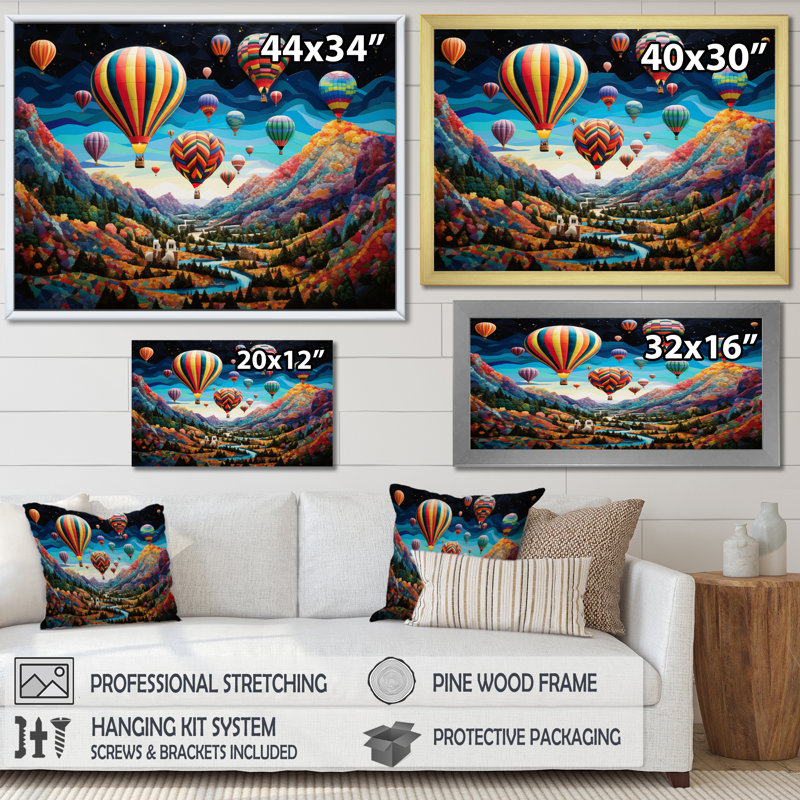 Mosaïque de ballon à air chaud bleu sarcelle - impression sur toile, Cadre flottant doré, H 34 po x l 44 po x P 1,5 po