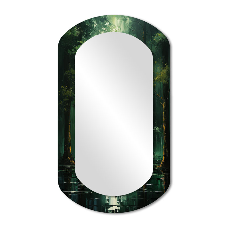 Solitude dans la forêt d'émeraude II - grand miroir mural cylindrique forêt, miroir unique asymétrique traditionnel, impression d'art en métal