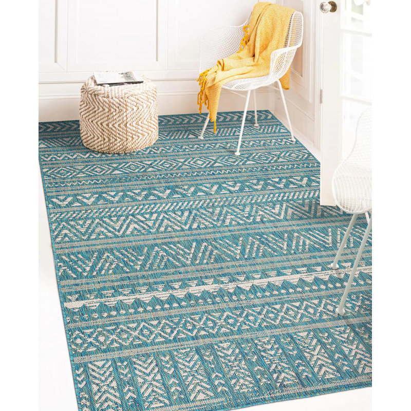 Tapis bleu sarcelle / crème intérieur / extérieur Ilayna, Rond 5 pi 3 po