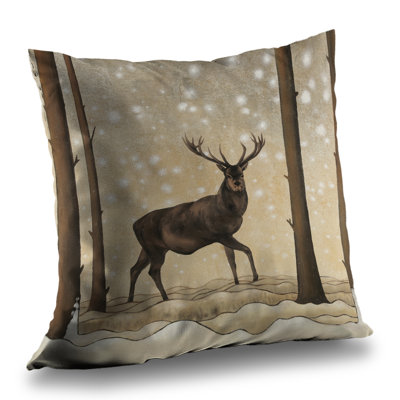 Roe Deer in Winter Landscape - Beige Snow Throw Pillow – Poly Twill Throw Pillow with Insert, Double-Sided Print