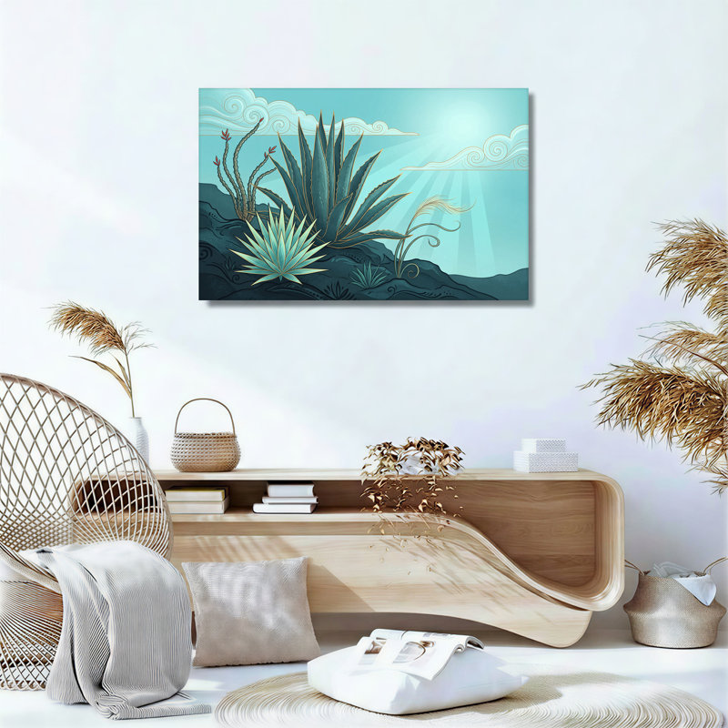 Agave bleue et plantes grasses avec contours dorés et art mural sur toile, 20"H x 30"W