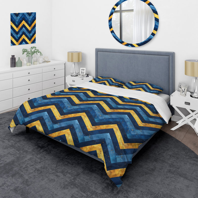 Ensemble de housse de couette moderne à motif de chevrons bleu et or IV, Housse de couette pour grand lit et 2 taies décor