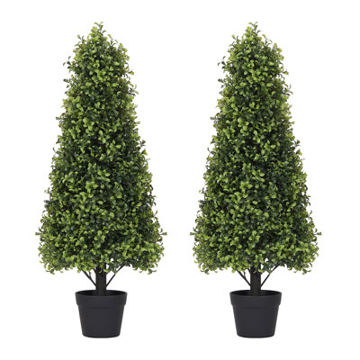 Artificial Topiary Boxwood Tree, Faux Shrub in Black Plastic Pot