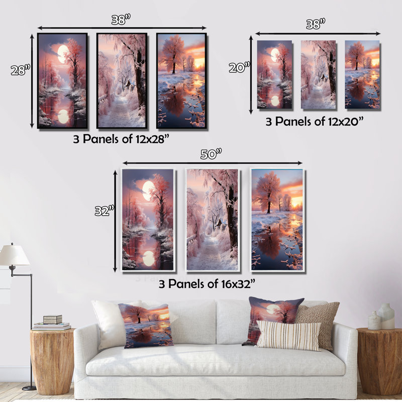 «White Fushia Winter Twilight», 3 pièces sur toile, Cadre noir, H 28 po x l 36 po