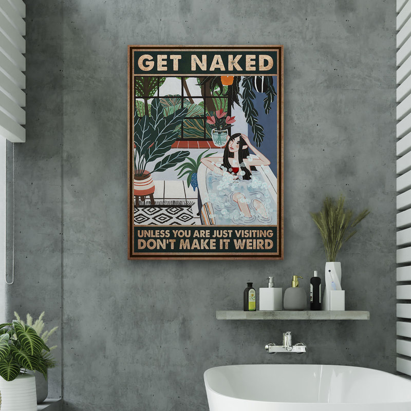 «Girl In Her Bathroom» - Toile nue tendue sur toile - Décoration de salle de bain et de lessive, vert foncé et blanc