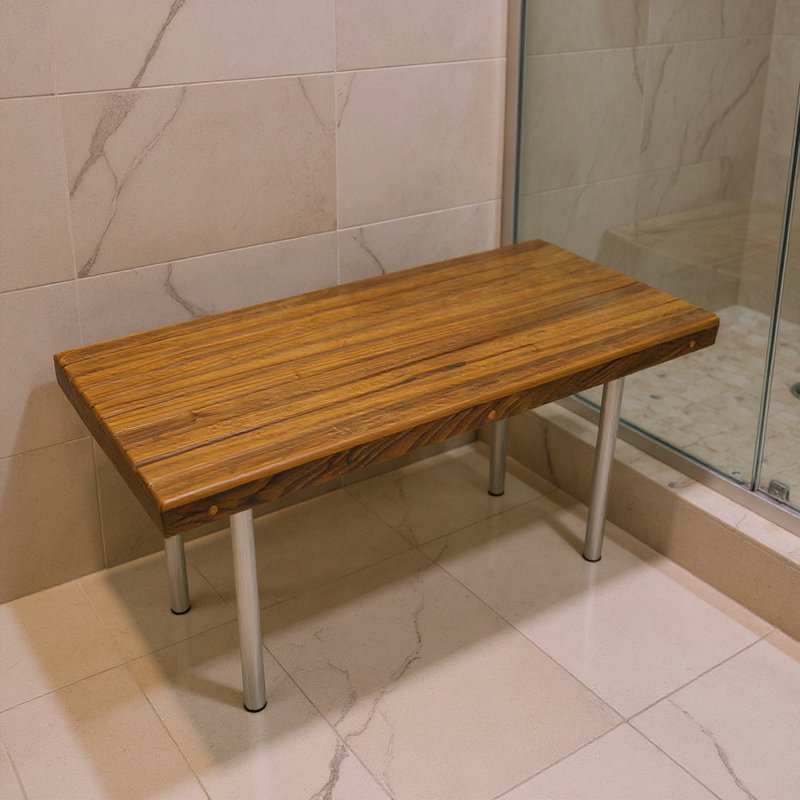 Banc de douche 18 po x 48 po en teck brun et acier inoxydable
