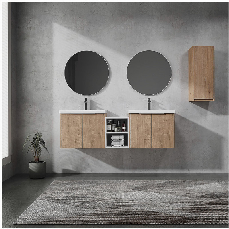Lavabo de salle de bain mural avec lavabo et armoire latérale, porte à fermeture en douceur, 59"
