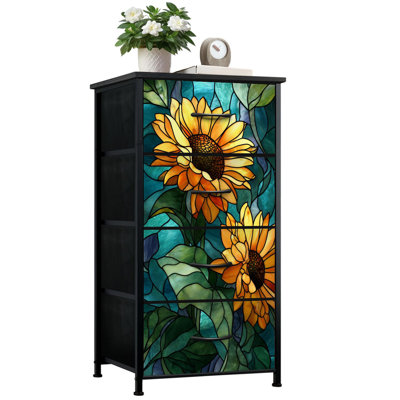 Stained Glass Dresser for Bedroom with 4 Storage Drawers Stunning Sunflower Glass Bold Colors Intricate Shadows Dressers Chest of Drawers Steel Framed Fabric Closet Organizers for Dorm Entryway