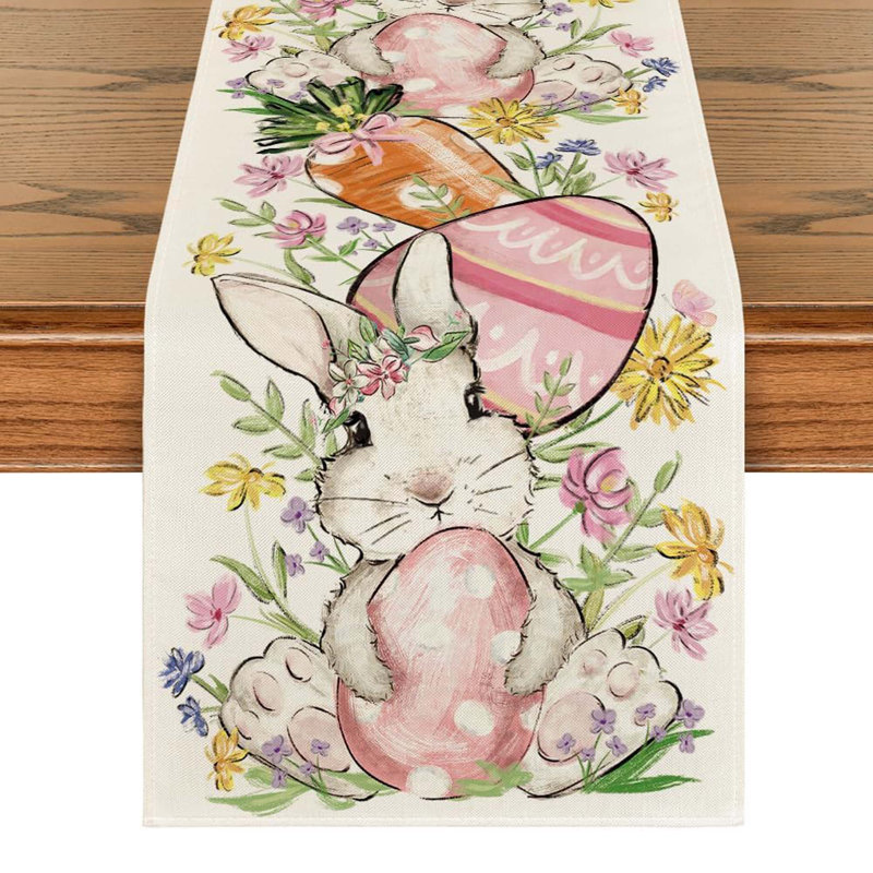 Easter Table Runner Bunny Rabbit Egg Flower Spring Kitchen Dining Table Decoration for Home Party Decor 1 Piece