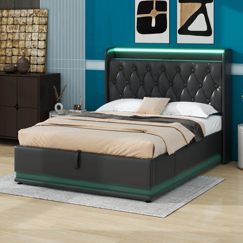 Upholstered Bed, 360 Surround LED Function, Buttons/Apps/Remote Control, Hydraulic Storage Bed With USB Type-C Charging, Full