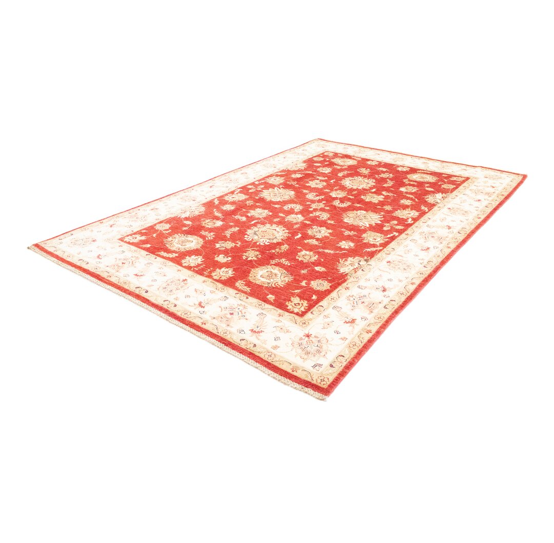 Handgefertigter Flachgewebe-Teppich Crain aus Wolle in Rot/Creme