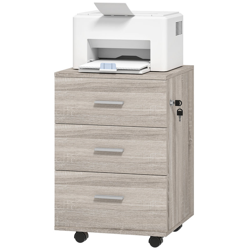 Classeur 3 tiroirs avec serrure et roulettes, grain de bois gris