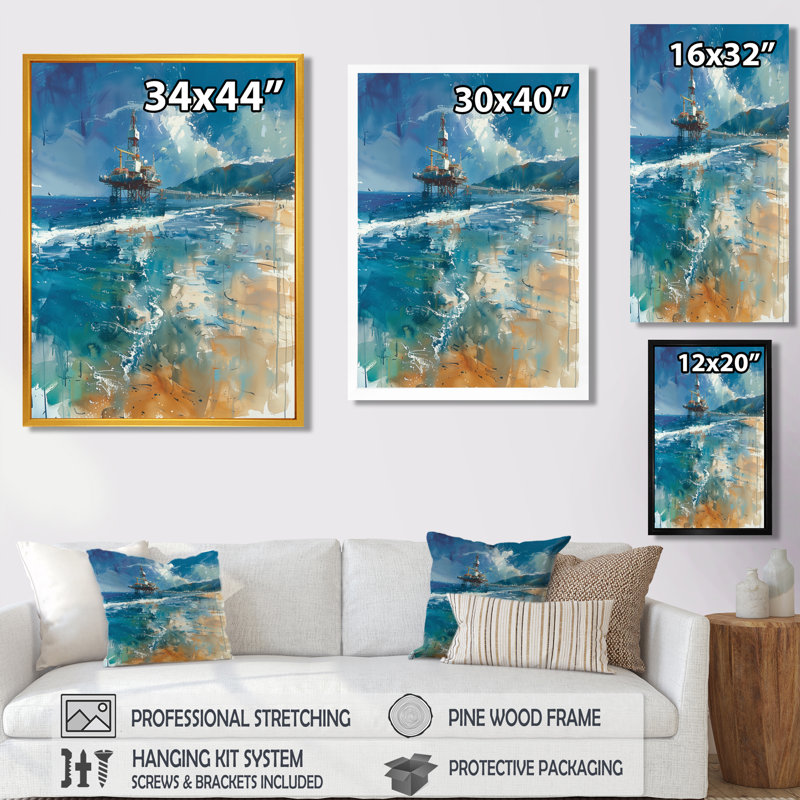 Bleu, bleu, été, pétrole, plate-forme au large des côtes - salon d'art mural, Toile argentée avec cadre flottant