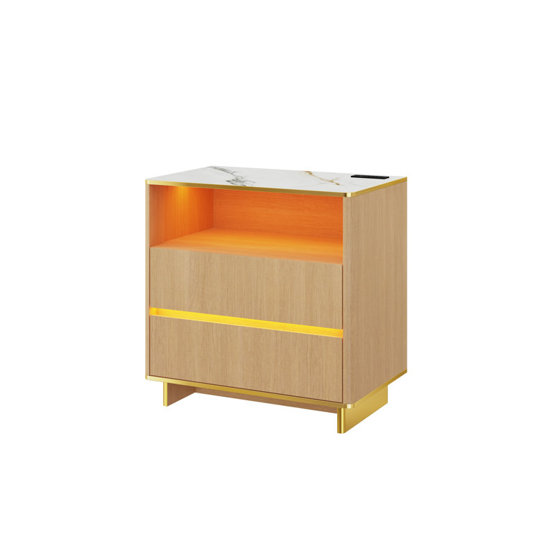 Adlington 31.5'' Nightstand With LED Light Strip, High-Gloss Marble-Look UV Top, 2 AC Outlets, USB & USB-C Charging, 2 Drawers