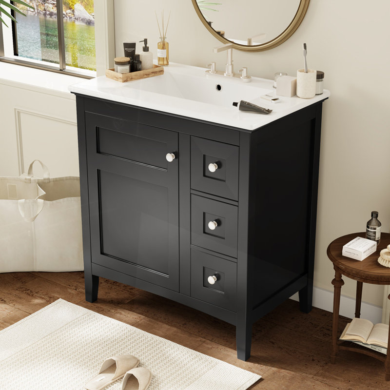 Meuble-lavabo de salle de bain avec lavabo en céramique et 3 tiroirs, Black