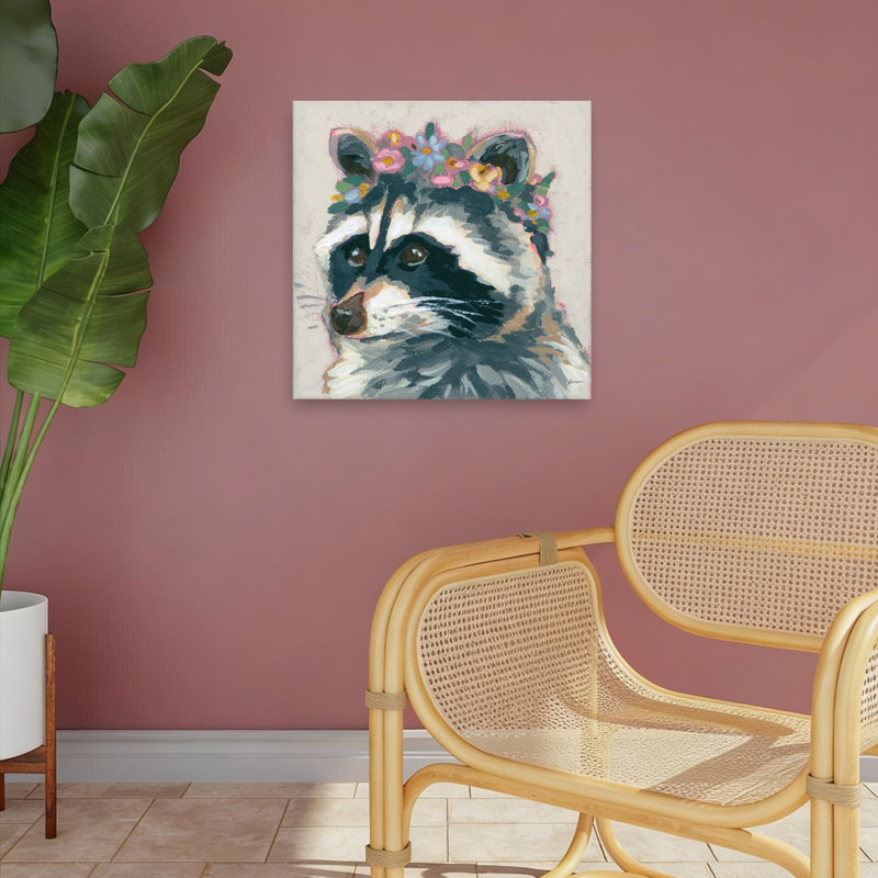 Raccoon Cameo II Whimsical Contemporary Animal Flower Wall Art Print 1 Piece Wrapped Canvas Wall Art, 45.72cm H x 45.72cm W
