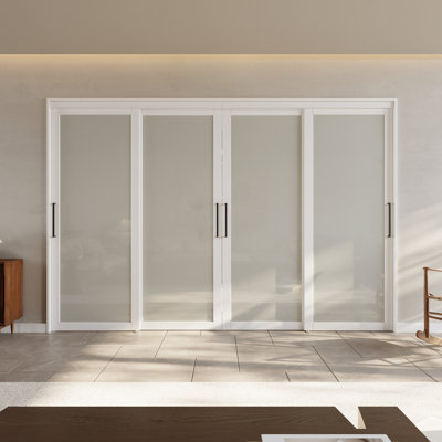 144"x80"H Full Lite Frosted Tempered Glass Room Divider Double Sliding Closet Door with Hardware & Handles