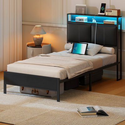 Jeffory Bed with Storage Headboard and Integrated Charging Station 