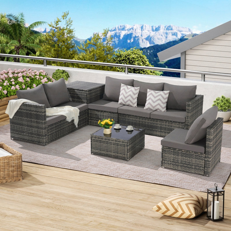 Outdoor Woven Sectional L- Shaped Patio Furniture ,Conversation Set with corner table, Dark Gray
