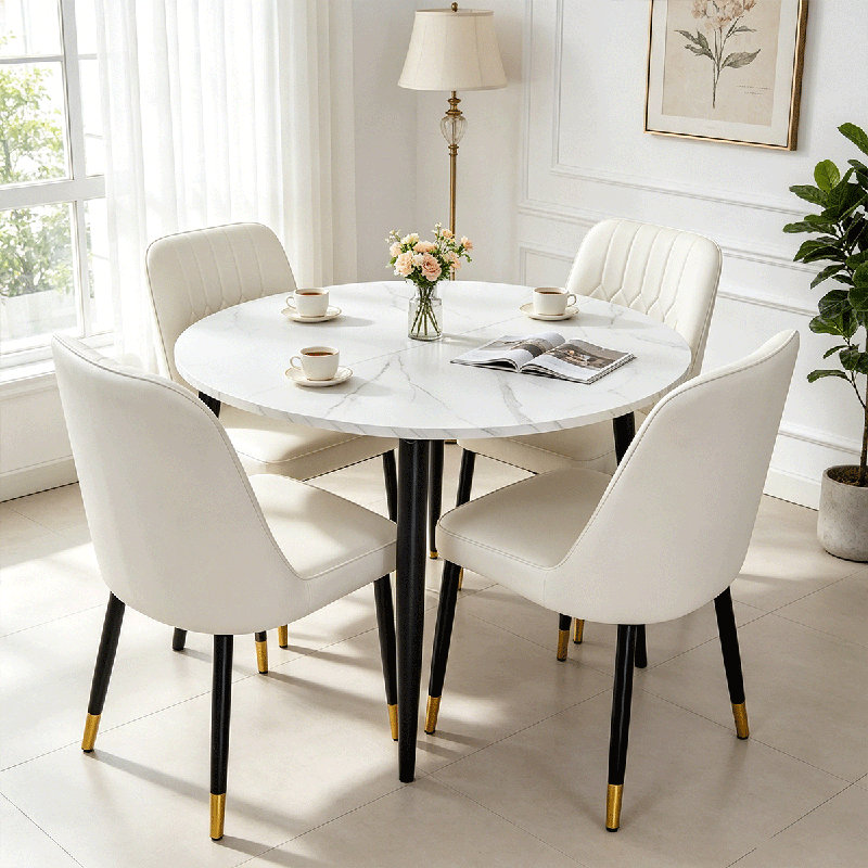 Table de salle à manger Domogne, Ensemble de cinq pièces : table, quatre chaises, Blanc
