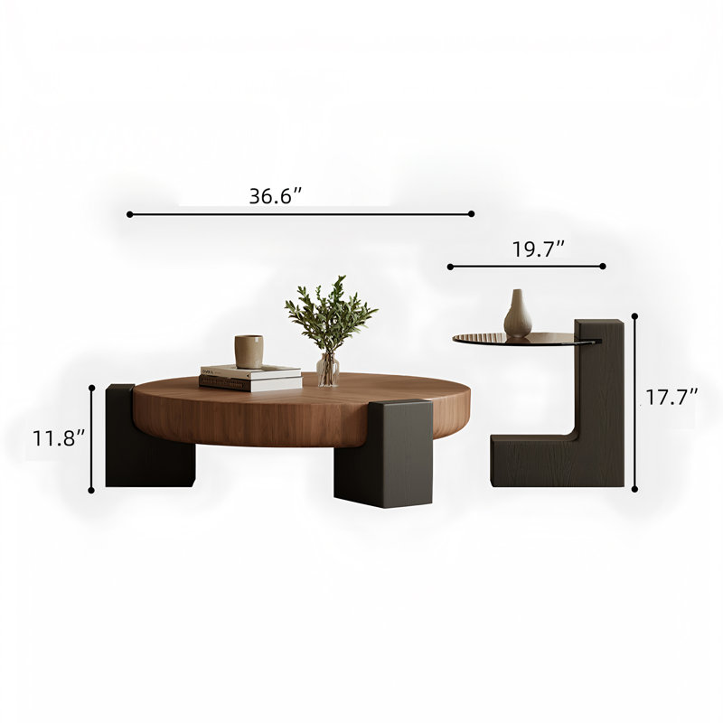 2 Piece Set of Modern Round Wood Coffee Table with Geometric Leg Design