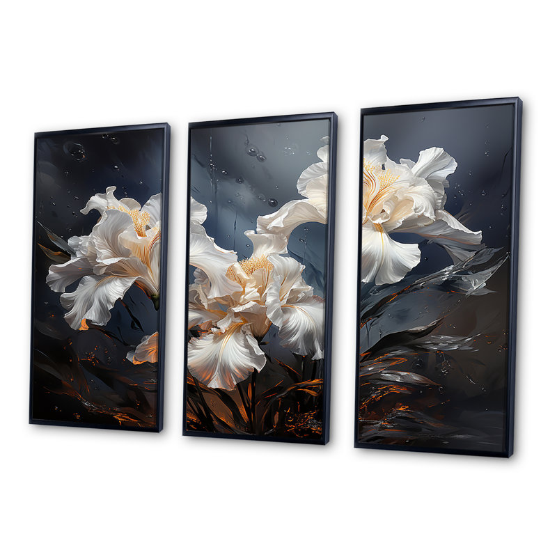 Élégants iris en bleu et blanc - ensemble de salon mural iris, Cadre flottant noir, H 32 po x l 48 po x P 1 po