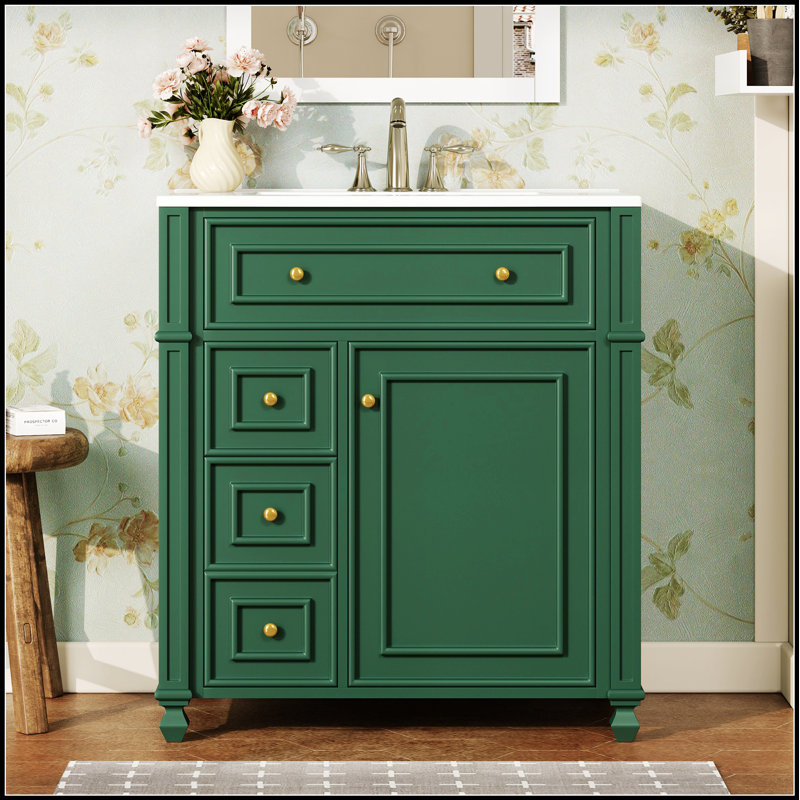 Charmant meuble-lavabo d'inspiration française avec lavabo en céramique, portes à fermeture en douceur et rangement organisé pour les espaces compacts