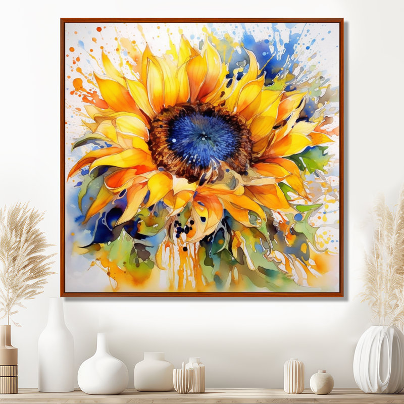 Jaune, bleu, doré, tournesols joyeux - art mural floral, H 16 po x l 16 po, Reproduction avec cadre flottant, Brun