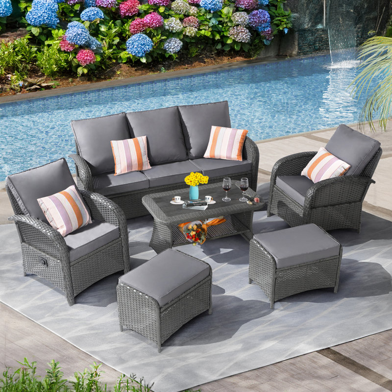 Ensemble de conversation pour patio en osier 6 pièces avec chaises inclinables, repose-pieds et housse de mobilier, Gris