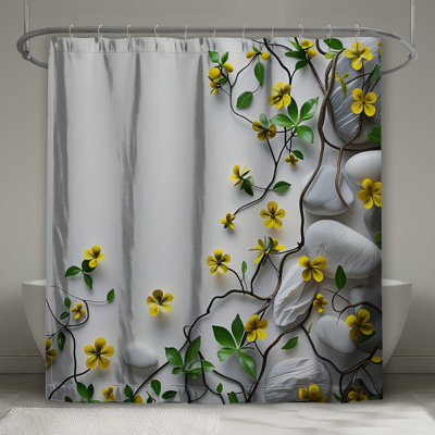 Rideau de douche fleurs jaunes - décor de salle de bain floral minimaliste