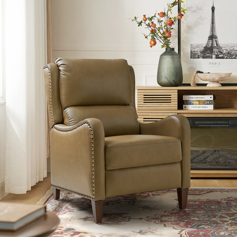 Beecher Traditional 28.75" Wide Genuine Leather Manual Club Recliner with Solid Wood Legs, Taupe Genuine Leather