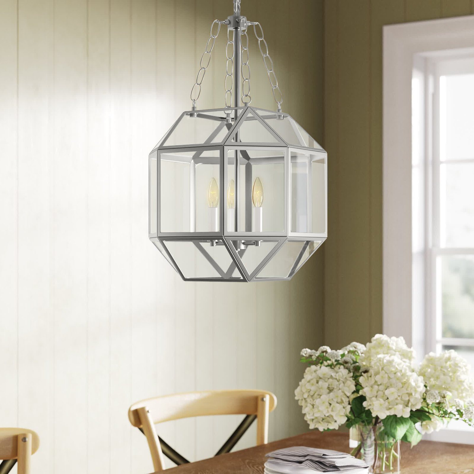Reid 3 Light Glass Dimmable Pendant, 23.25" H x 13.5" W x 13.5" D, Clear, Brushed Nickel
