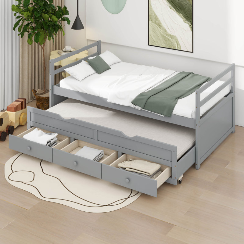 Lit simple avec lit gigogne et 3 tiroirs de rangement Betterton, Gris