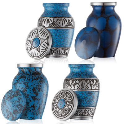 4-Piece Decorative Miniature Keepsake Memorial Urns, Blue and Silver