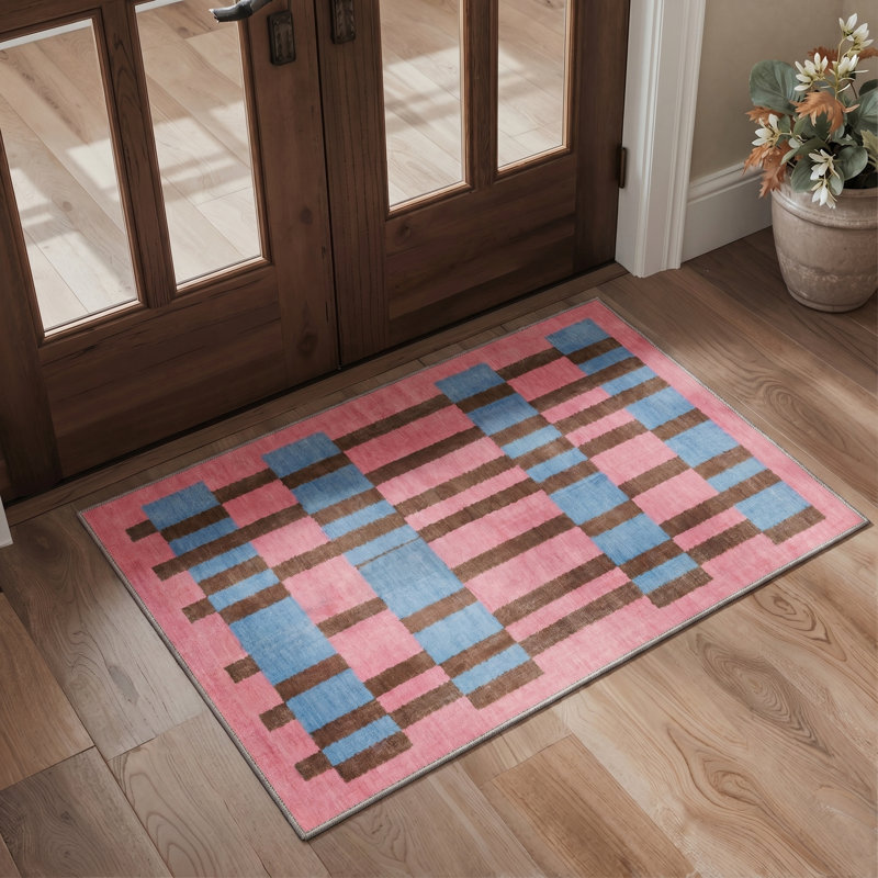 Abrahamson Canvas Geometric Machine Washable Blue / Pink Indoor Area Rug with Non-Slip Backing, Rectangle 8' x 10'