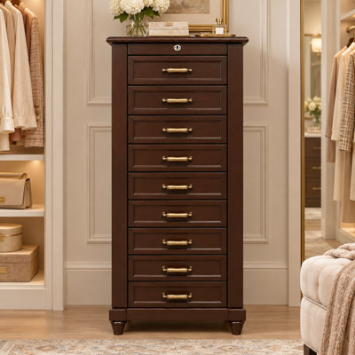 Armoire à bijoux en bois 41 po avec miroir, 9 tiroirs, armoires latérales et doublure en velours 41 po