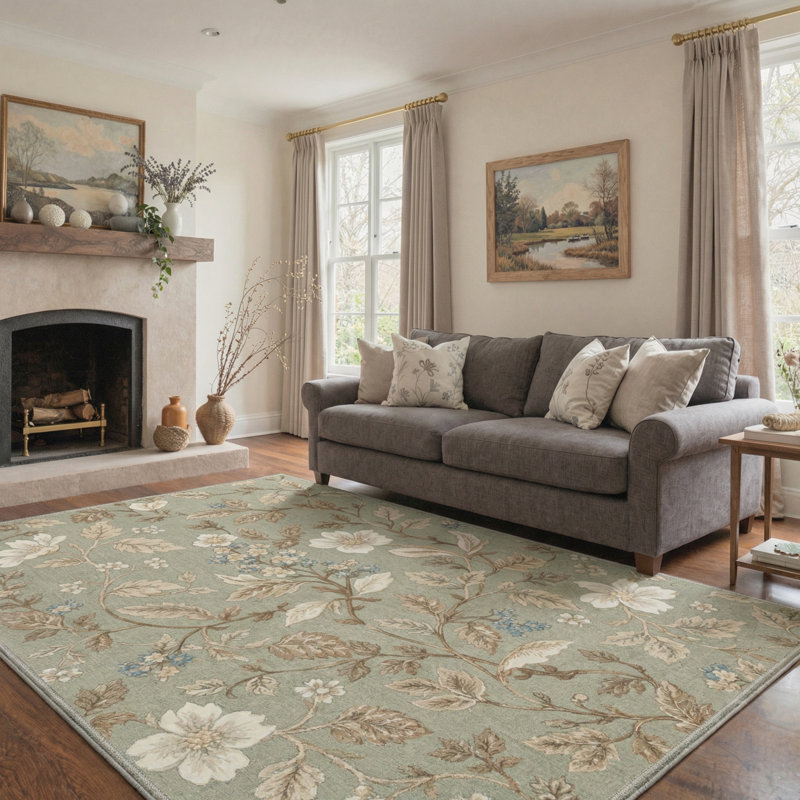 Bloomery Floral Machine Washable Beige / White Indoor Area Rug with Non-Slip Backing, Rectangle 8' x 10'