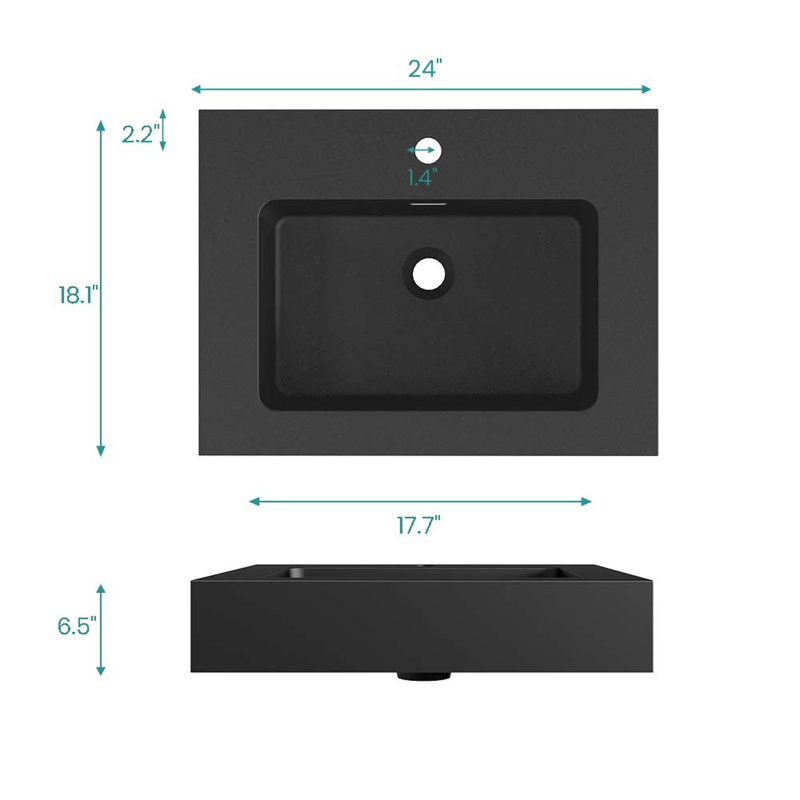 Bassin intégré intégré à surface solide SANS drain et robinet, Matt Black