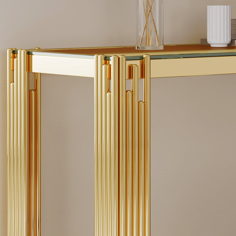 Console en verre trempé double couche supérieure et inférieure, structure en acier inoxydable à finition miroir