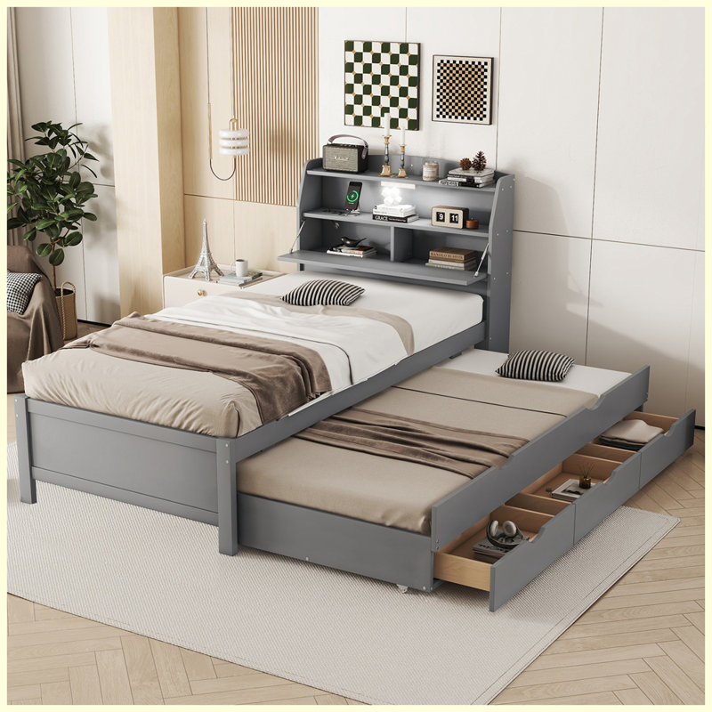 Lit plateforme moderne en bois avec lit gigogne et tête de lit à DEL avec tiroirs, Gris, Lit simple