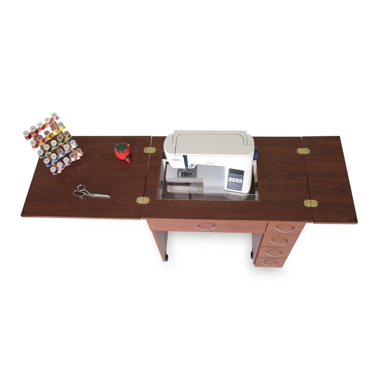 Teak Foldable Sewing Cabinet with Hydraulic Lift and Wheels