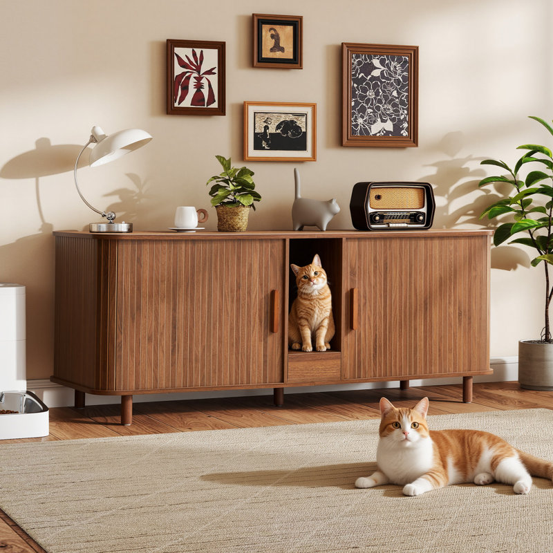 Enceinte de litière pour chat 59,05 po pour 2 chats avec portes coulissantes