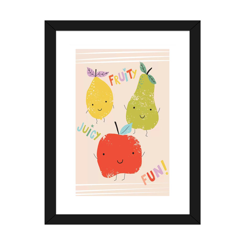 «Fruit Fun I» par Caroline Alfreds - impression d'art graphique, H 24 po x l 16 po x P 1 po, Papier encadré noir, Blanc