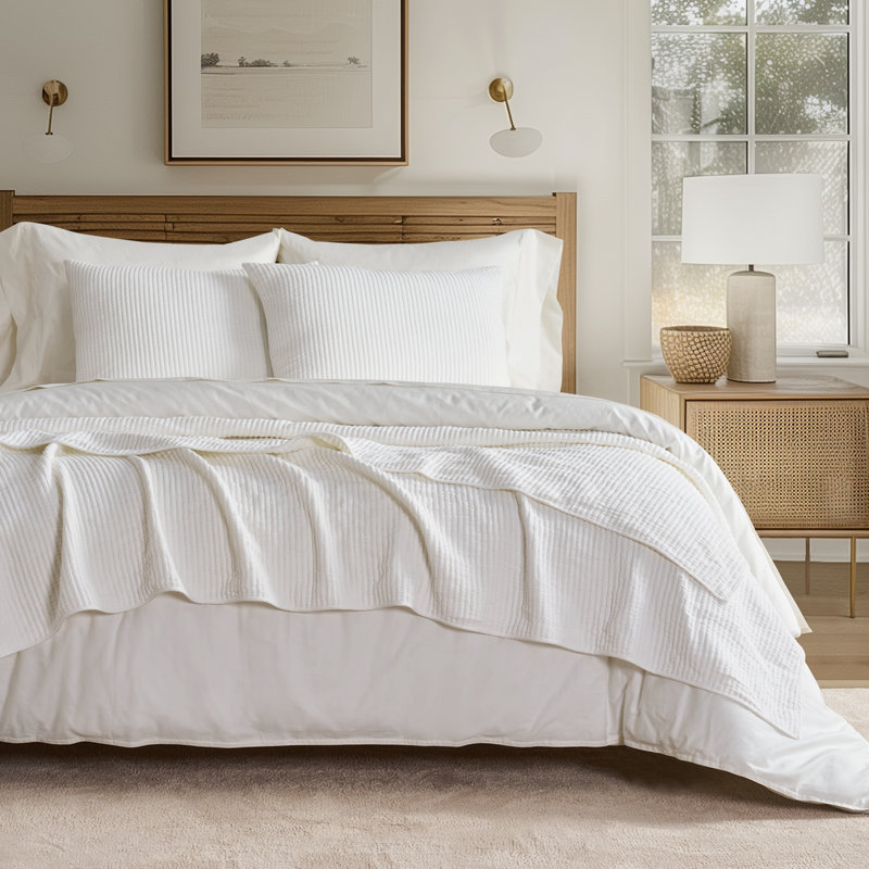 Ribbed Matelassé Cotton Coverlet Set, Bright White, Queen Quilt + 2 Queen Shams