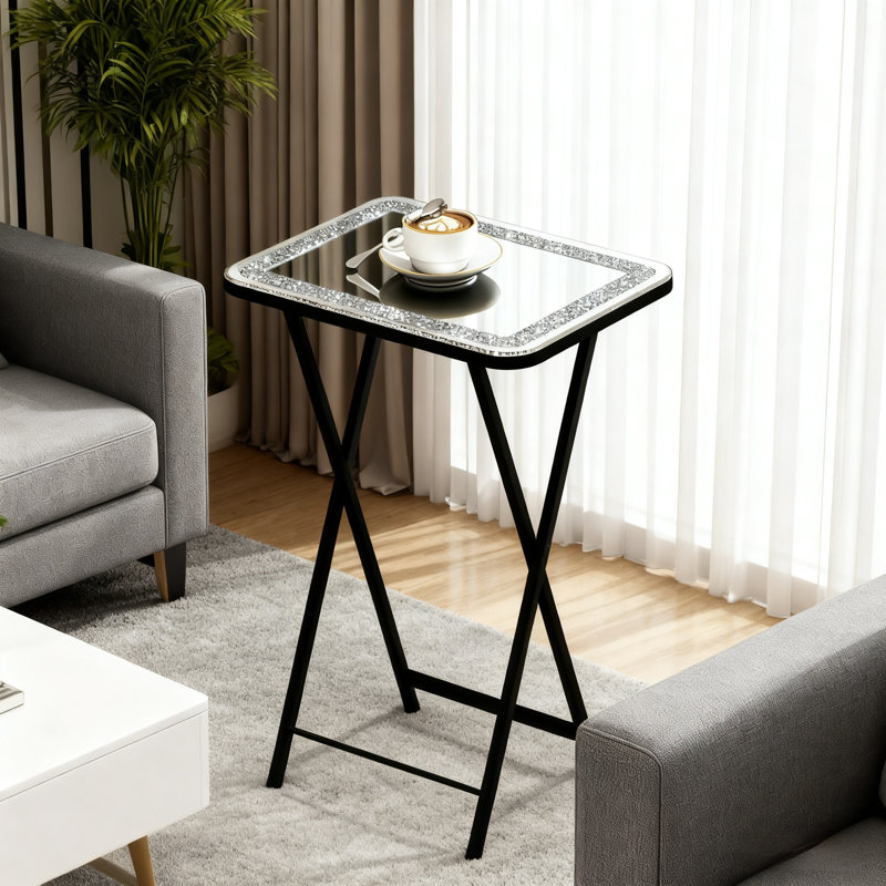 Borjanka Folding Glass Top Side Table Portable Snack Coffee Table Outdoor Garden End Table