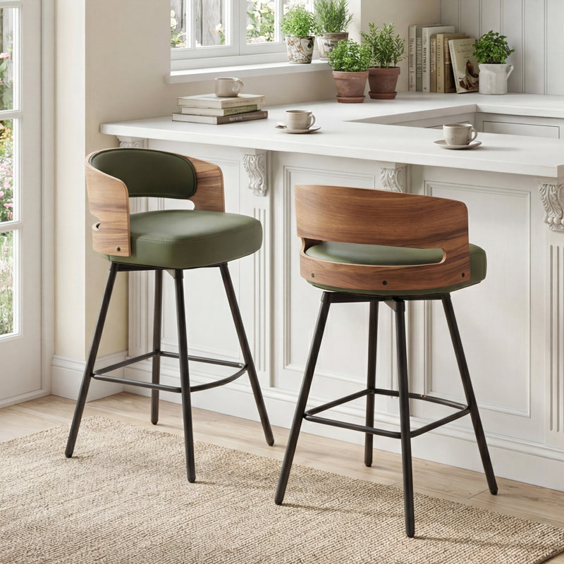Swivel Upholstered Counter Stool with Metal Frame, Green