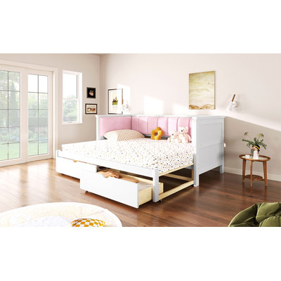 Twin XL to King Size Daybed with Two Storage Drawers and Upholstered Backrest, White+Pink