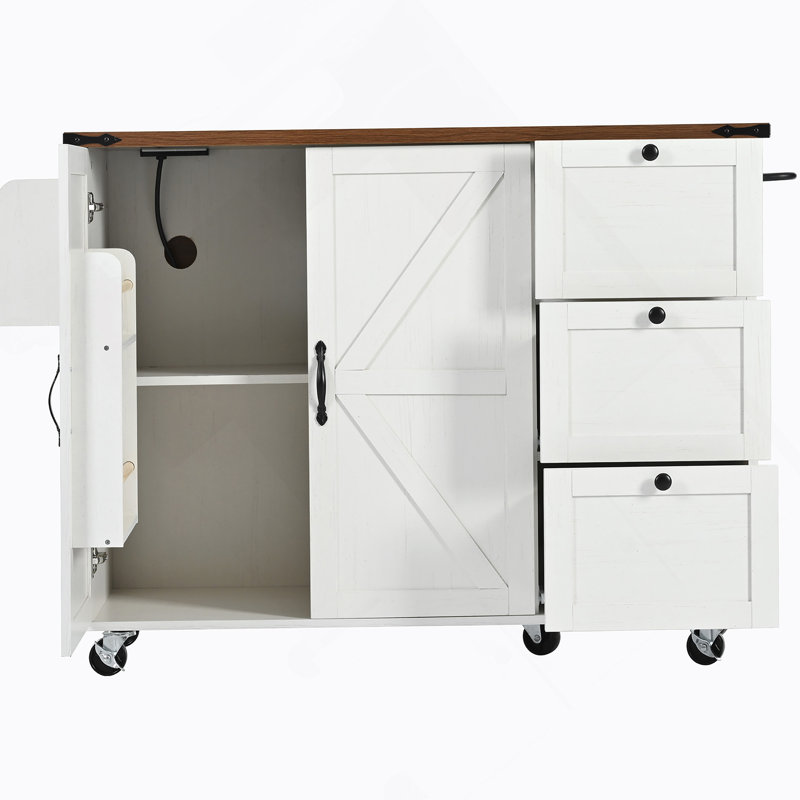 Îlot de cuisine avec prise de courant, îlot de rangement de cuisine avec support de rangement interne, abattant, Blanc
